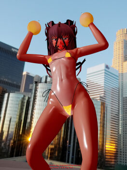  1girl 3d artist_request ball_gag bikini blush breasts brown_hair city embarrassed gag gag_harness highres long_hair long_twintails looking_at_viewer micro_bikini mizuki_yukikaze nipples one-piece_tan pink_eyes restrained sarashina shiny_clothes shiny_skin small_breasts solo swimsuit taimanin_(series) taimanin_yukikaze tan tanline thong_bikini twintails very_long_hair yellow_bikini 