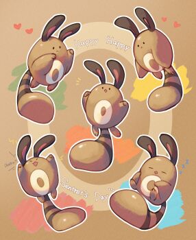  :< :3 absurdres arms_up brown_background caramel_pkmn closed_eyes commentary_request diamond_mouth english_text full_body gen_2_pokemon heart highres nintendo no_humans open_mouth outline pokemon pokemon_(creature) romaji_text sentret smile white_outline 