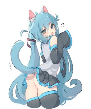 1girl animal_ear_fluff animal_ears aqua_eyes aqua_hair ass bare_shoulders black_skirt black_sleeves cat_ears cat_tail detached_sleeves from_behind from_side hair_between_eyes hair_ornament hatsune_miku highres kemonomimi_mode long_hair long_sleeves looking_at_viewer looking_back necktie nekonika_(e102k) open_mouth panties pleated_skirt shirt simple_background skirt sleeveless sleeveless_shirt smile solo striped_clothes striped_panties tail thighhighs twintails underwear very_long_hair vocaloid white_background rating:Sensitive score:26 user:danbooru