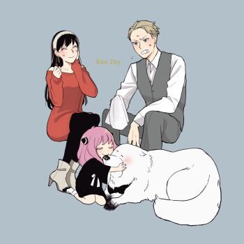  1boy 2girls adoptive_parent_and_adoptive_child animal animal_hug annoyed anya_(spy_x_family) black_dress black_hair black_pantyhose black_shoes blonde_hair bond_(spy_x_family) boots child closed_mouth collarbone collared_shirt commentary_request dog dress earrings family father_and_daughter full_body gold_earrings great_pyrenees grey_background grey_boots grey_pants grey_vest hairband hairpods hand_on_own_cheek hand_on_own_face handkerchief hands_up high_heel_boots high_heels highres holding holding_handkerchief husband_and_wife invisible_chair jewelry kiss_day lipstick_mark lipstick_mark_on_face long_hair long_sleeves medium_hair mother_and_daughter multiple_girls off-shoulder_sweater off_shoulder pants pantyhose pink_hair red_sweater seiza shirt shoes short_hair simple_background sitting smile socks spy_x_family sweater sweater_dress tarutaruso3 twilight_(spy_x_family) very_short_hair vest waistcoat white_hairband white_shirt white_socks yor_briar 