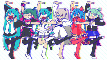  >_< 25-ji_miku 6+girls :3 ahoge animal_ears aqua_eyes aqua_hair aqua_necktie arm_tattoo black_boots black_jacket black_pantyhose black_skirt black_sleeves black_thighhighs blue_eyes blue_hair boots bow bowtie cat_ears closed_eyes collared_shirt colored_tips commentary_request cropped_jacket detached_sleeves dress gradient_hair green_hair grey_hair hair_ribbon hatsune_miku heterochromia highres idol_clothes jacket leo/need_miku long_hair long_sleeves more_more_jump!_miku multicolored_hair multiple_girls multiple_persona necktie number_tattoo osomatsu-san osomatsu_(series) pantyhose pink_bow pink_bowtie pink_hair pleated_skirt project_sekai red_dress red_thighhighs ribbon rice_deity safety_pin_hair_ornament sheeeh! shirt shoes single_thighhigh skirt sleeveless sleeveless_shirt striped_clothes striped_dress tattoo thigh_boots thighhighs tie_clip tongue twintails u_u very_long_hair vivid_bad_squad_miku vocaloid white_ribbon white_shirt white_shoes wonderlands_x_showtime_miku 