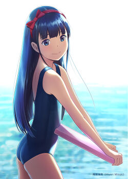  1girl artist_name ass black_hair blue_eyes blue_one-piece_swimsuit commentary_request cowboy_shot flat_ass flat_chest from_side hairband hiyori_mizuki holding_kickboard kickboard long_hair looking_at_viewer looking_to_the_side one-piece_swimsuit original red_hairband school_swimsuit smile solo swimsuit water  rating:Sensitive score:27 user:danbooru