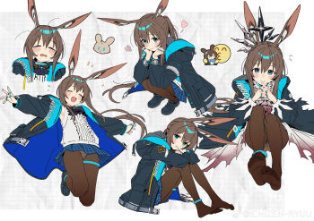  1girl absurdres amiya_(arknights) animal_ear_fluff animal_ears arknights armpits ascot black_jacket black_shoes blue_ascot blue_eyes blue_skirt blush brown_hair brown_pantyhose center_frills closed_eyes closed_mouth commentary crossed_arms crying frills hair_between_eyes highres jacket jewelry long_hair multiple_rings no_shoes open_clothes open_jacket open_mouth panties panties_under_pantyhose pantyhose parted_lips plaid_clothes plaid_skirt ponytail rabbit_ears rabbit_girl ring ryuuforkaf shirt shoes skirt sleeveless sleeveless_shirt smile soles solo squatting thigh_strap underwear untranslatable_commentary white_shirt  rating:Sensitive score:2 user:danbooru
