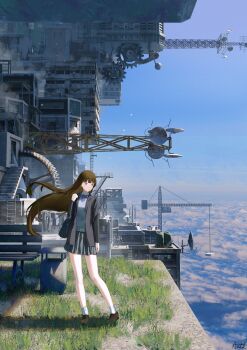  1girl 3d above_clouds absurdres antel_1811 arm_at_side blue_bow blue_bowtie blue_sky bow bowtie brown_hair brown_shoes building cloud commentary_request crane_(machine) day floating_city floating_hair full_body gears grass grey_eyes grey_hair grey_skirt grey_sweater hand_up highres jacket long_hair long_sleeves miniskirt open_clothes open_jacket original outdoors pleated_skirt radio_tower satellite_dish school_uniform science_fiction shoes skirt sky socks solo standing sweater white_socks 