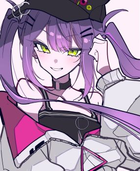  1girl absurdres baseball_cap black_choker black_tank_top choker green_eyes grin hair_ornament hairclip hat highres hololive jacket long_hair long_sleeves looking_at_viewer mentally_deficient multicolored_hair o-ring o-ring_choker parallel_hairclips parted_lips partially_unzipped pink_streaks purple_hair simple_background smile solo streaked_hair tank_top tokoyami_towa tokoyami_towa_(1st_costume) twintails upper_body virtual_youtuber white_background white_jacket 