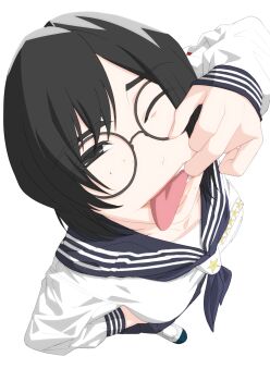  1girl absurdres atarashii_gakkou_no_leaders black_hair commentary from_above glasses highres mole mole_under_eye mole_under_mouth multiple_moles round_eyewear school_uniform serafuku shinku_p short_hair simple_background suzuka_(atarashii_gakkou_no_leaders) tongue tongue_out white_background 