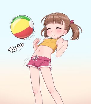  1girl ball bare_legs beachball blush breasts brown_hair closed_eyes drawstring feet_out_of_frame female_focus hair_tie highres motion_lines original pink_shorts pinkbunnyjuice shirt short_hair short_shorts short_twintails shorts sleeveless sleeveless_shirt small_breasts smile solo sound_effects standing thighs twintails yellow_shirt 