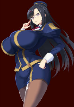  10s 1girl black_hair breasts brown_background curvy female_focus glasses hair_ornament hairclip hat highres hip_focus huge_breasts kono_subarashii_sekai_ni_shukufuku_wo! long_hair looking_at_viewer miniskirt nehani_(tworship) pantyhose parted_lips pencil_skirt purple_eyes sena_(konosuba) simple_background skirt solo thighs x_hair_ornament  rating:Sensitive score:103 user:danbooru