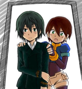  00s aile_(mega_man_zx) artist_request belt bodysuit brown_hair crossover doorway dress_shirt formal_clothes green_eyes green_hair hands_on_shoulders jacket kino_(kino_no_tabi) kino_no_tabi looking_at_viewer mega_man_(series) mega_man_zx shirt short_hair suit trait_connection  rating:Sensitive score:6 user:aerd