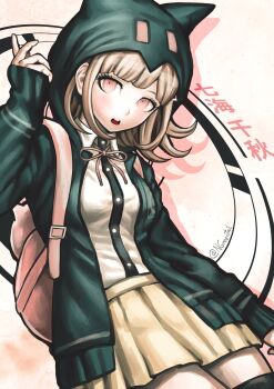  1girl absurdres backpack bag blonde_hair blunt_bangs buttons danganronpa_(series) danganronpa_2:_goodbye_despair green_hoodie hair_ornament hairpin highres hood hoodie long_sleeves medium_hair nanami_chiaki nifast_(greentail) official_style open_mouth pink_bag pleated_skirt shadow skirt solo teeth thighhighs twitter_username upper_body upper_teeth_only white_background yellow_skirt zettai_ryouiki 