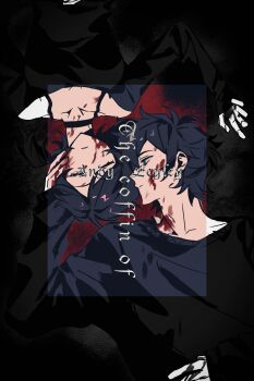  1boy 1girl absurdres ahoge andrew_graves antenna_hair ashley_graves black_border black_choker black_hair black_shirt black_sweater blood blood_on_chest blood_on_clothes blood_on_face blood_on_hands blood_on_neck border bra_strap breasts brother_and_sister character_name choker cleavage closed_eyes closed_mouth collarbone commentary empty_eyes english_text expressionless frown green_eyes hair_between_eyes hand_on_own_stomach hand_up highres huachajiangqwq long_sleeves looking_at_another low_side_ponytail outside_border profile puffy_long_sleeves puffy_sleeves shirt short_hair siblings side_ponytail simple_background sleeves_past_wrists small_breasts sweater the_coffin_of_andy_and_leyley u_u untranslatable_commentary upper_body upside-down 