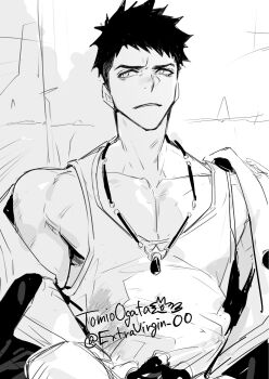  1boy artist_name collarbone dante_(dmc:_devil_may_cry) devil_may_cry devil_may_cry_(series) dmc:_devil_may_cry greyscale highres jacket jewelry looking_to_the_side male_focus monochrome muscular muscular_male necklace ogata_tomio open_clothes open_jacket parted_lips short_hair sideways_glance signature single_off_shoulder sketch solo tank_top twitter_username very_short_hair 