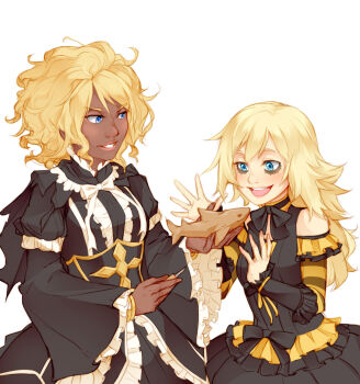  2girls :d baccano! bare_shoulders black_bow black_dress blonde_hair blue_eyes blush bow color_connection commentary crossover dark-skinned_female dark_skin dress english_commentary eye_color_connection frilled_dress frilled_sleeves frills goth_fashion gothic_lolita hair_between_eyes hair_color_connection hands_up height_difference highres holding_sculpture illness_(baccano) light_blush lips lolita_fashion long_hair long_sleeves look-alike medium_hair multiple_girls open_mouth outfit_connection sculpture shark sherry_cromwell simple_background smile teeth toaru_majutsu_no_index tongue upper_body upper_teeth_only vilatile white_background 