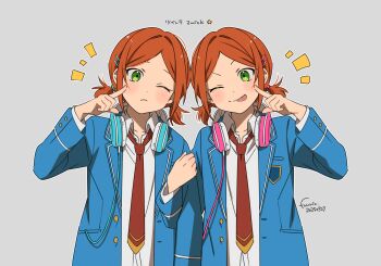  2boys 2wink_(ensemble_stars!) ^^^ aoi_hinata aoi_yuta arm_hug blazer blue_jacket brothers collared_shirt ensemble_stars! fuurin_(sior_fr) green_eyes hair_ornament hairclip headphones headphones_around_neck highres index_finger_raised jacket looking_at_another low_twintails male_focus multiple_boys necktie one_eye_closed open_clothes open_jacket orange_hair parallel_hairclips parted_bangs red_necktie school_uniform shirt short_hair short_twintails siblings simple_background smile tongue tongue_out twins twintails upper_body white_shirt 