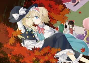  6+girls alice_margatroid apron ascot autumn_leaves blonde_hair blue_dress blue_eyes bow bowtie brown_hair capelet commentary_request detached_sleeves dress falling_leaves finger_to_mouth frilled_bow frilled_hair_tubes frilled_hairband frilled_skirt frills gloves green_hair hair_bow hair_tubes hairband hakurei_reimu hat hat_bow highres holding holding_umbrella houraisan_kaguya imminent_kiss kirisame_marisa kochiya_sanae leaf lolita_hairband long_hair looking_at_viewer maple_leaf multiple_girls outdoors parasol picnic_blanket pink_bow pink_bowtie pink_hairband pink_skirt pink_umbrella pleated_skirt puffy_short_sleeves puffy_sleeves purple_dress red_bow red_skirt reisen_udongein_inaba short_sleeves shushing sitting skirt skirt_set smile touhou tsuno_no_hito umbrella very_long_hair waist_apron white_bow white_capelet white_gloves witch_hat yakumo_yukari yellow_ascot yellow_eyes yuri 