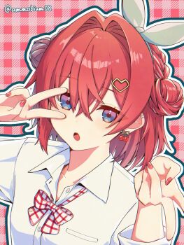  1girl :o ange_katrina ayuko_ammobium blue_eyes blush bow bow_hairband bowtie braid cherry_earrings cherry_pop_(vocaloid) collared_shirt commentary_request crossed_bangs dot_nose double_bun double_v earrings food-themed_earrings food_themed_earrings gingham_background green_bow green_hairband grey_outline grid_print gyaru_v hair_between_eyes hair_bun hair_ornament hairband hands_up heart heart_hair_ornament highres jewelry long_bangs looking_at_viewer medium_hair multicolored_eyes multicolored_hair nail_polish nijisanji official_alternate_costume outline pink_background print_bow print_bowtie purple_eyes red_bow red_bowtie red_hair red_nails shirt solo streaked_hair twitter_username two-tone_eyes two-tone_hair upper_body v v_over_eye virtual_youtuber white_bow white_bowtie white_hair white_outline white_shirt 