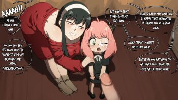  2girls absurdres anya_(spy_x_family) bare_shoulders bent_over black_dress black_hair black_shoes blush brown_shoes censored clenched_hands cone_hair_bun cum cum_on_body cum_string dress english_text facial full_body g_reaper green_eyes grin hair_bun hairband half-closed_eyes hand_on_another's_shoulder highres leaning_forward long_hair long_sleeves looking_at_another mary_janes medium_hair mosaic_censoring multiple_girls one_eye_closed open_mouth paid_reward_available pigeon-toed pov pov_crotch red_dress red_eyes ribbon shoes sidelocks smile speech_bubble spy_x_family standing teeth upper_teeth_only white_hairband white_ribbon wooden_floor yor_briar  rating:Explicit score:9 user:MonsieurCinq