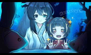  +_+ 1boy 1girl :d against_glass aged_down air_bubble aqua_eyes artist_name bell black_eyes black_hair blunt_bangs blush_stickers brother_and_sister bubble child china_dress chinese_clothes closed_mouth double-parted_bangs double_bun dress fish fish_tank hair_bell hair_bun hair_intakes hair_ornament hand_on_glass hands_up haneetyann hanfu happy hashtag-only_commentary heterochromia highres hong_lu_(project_moon) jia_xichun_(project_moon) letterboxed limbus_company long_hair looking_at_viewer multicolored_hair open_hands open_mouth palms pink_eyes project_moon red_dress short_hair siblings side-by-side sidelocks smile sparkle sparkling_aura straight-on streaked_hair teeth upper_teeth_only water white_hanfu white_streaks xiao_guan_(headdress) 