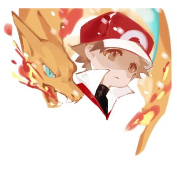 1boy absurdres blue_eyes brown_eyes charizard closed_mouth expressionless fire fiy1827565 gen_1_pokemon hashtag-only_commentary hat highres male_focus nintendo open_mouth pokemon pokemon_(creature) pokemon_frlg portrait red_(pokemon) red_hat shirt short_hair simple_background white_background