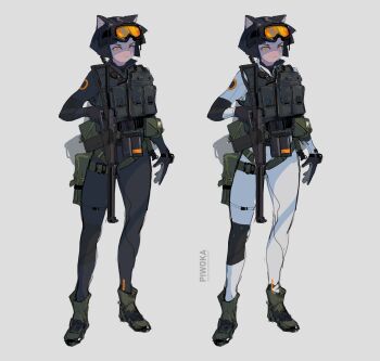  1girl 2023 absurdres animal_ears as_val assault_rifle black_hair bodysuit cat_ears cat_girl reference_sheet diving_mask diving_mask_on_head diving_suit goggles goggles_on_head gun highres kalashnikov_rifle orange_eyes pale_skin piwoka_(wibber_rose) polilla rifle short_hair sketch tactical_clothes tagme weapon wetsuit white_background wibber_rose  rating:General score:6 user:Cravitus