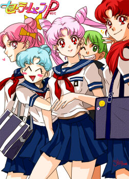  1990s_(style) 5girls ^_^ aged_up arm_hug bag bishoujo_senshi_sailor_moon bishoujo_senshi_sailor_moon_supers blue_hair blue_sailor_collar blue_skirt blush_stickers bow cerecere_(sailor_moon) chibi_usa closed_eyes cone_hair_bun double_bun closed_eyes green_eyes green_hair hair_bow hair_bun heart junjun_(sailor_moon) long_hair looking_at_viewer multiple_girls pallapalla_(sailor_moon) pink_eyes pink_hair pleated_skirt red_eyes red_hair retro_artstyle sailor_collar school_bag school_uniform serafuku shabomu short_hair single_hair_bun skirt twintails v vesves_(sailor_moon) white_background yellow_bow  rating:Sensitive score:13 user:danbooru