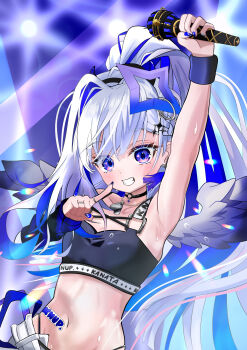  1girl absurdres alternate_hair_length_(longer) amane_kanata amane_kanata_(lock_on) angel_wings arm_up arm_warmers armpits black_collar black_nails black_sports_bra blue_hair bracelet braid braided_bangs breasts choker collar colored_inner_hair commentary_request fake_horns fingernails grey_hair hair_between_eyes hair_bun hairband halo highres holding holding_microphone hololive horns jewelry long_hair looking_at_viewer microphone multicolored_hair nail_polish navel o-ring o-ring_choker official_alternate_costume official_alternate_hairstyle panty_straps purple_eyes saku_510 solo spiked_hairband spikes sports_bra star_halo sweat teeth v virtual_youtuber wings 