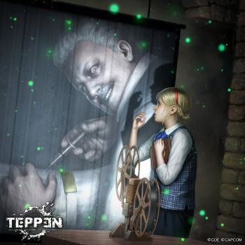  1boy 1girl blonde_hair book brian_irons capcom child facial_hair film_projector grey_hair headband highres horror_(theme) kuroiwa_enu movie_projector mustache official_art remake resident_evil resident_evil_2 resident_evil_2_(remake) scared school_uniform screen sherry_birkin syringe teppen 