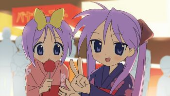  2girls black_bow blurry blurry_background bow candy_apple double_v floral_print food highres hiiragi_kagami hiiragi_tsukasa japanese_clothes kimono licking_candy_apple long_hair looking_at_viewer lucky_star multiple_girls obon pink_kimono purple_hair purple_kimono rytoua318 short_hair siblings sisters tareme tsurime twins twintails v yellow_bow yukata 