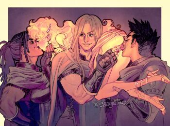  4girls artist_name black_hair blonde_hair border cape carrying commentary cunnilingus dreadlocks dress english_commentary fingerless_gloves gloves glowing group_sex kiss long_hair multiple_girls muscular muscular_female oral original ponytail saagelius shoulder_carry spiked_hair standing standing_cunnilingus vambraces yuri 