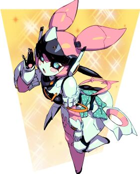  1girl absurdres arched_back ass bow commentary english_commentary green_eyes highres humanoid_robot jackoonz leaning_forward multicolored_hair open_mouth pink_hair robot robot_girl solo yutane_johiel zenless_zone_zero 