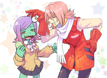  00s 10s 2girls colored_skin extra_eyes eyeball flcl gloves gorimaro green_skin grin haruhara_haruko highres leaning_forward midori_(uchuu_patrol_luluco) multiple_girls open_mouth pink_hair red_gloves scarf school_uniform sharp_teeth shintani_mayumi skirt smile star_(symbol) teeth uchuu_patrol_luluco voice_actor_connection white_background yellow_eyes 