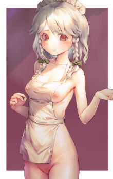  1girl apron bare_shoulders blush border bow braid braided_sidelocks breasts collarbone commentary_request cowboy_shot green_bow grey_hair hair_bow hands_up highres izayoi_sakuya lips maid_headdress medium_breasts medium_hair naked_apron nervous nipples no_pupils pubic_hair red_background red_eyes sideways_glance solo touhou white_border yawdeone 