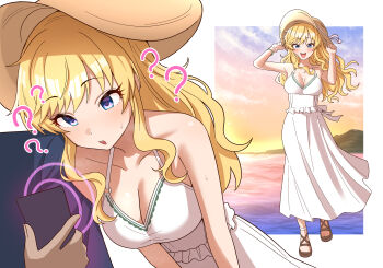  1girl 1other :d :o ? ?? absurdres bare_shoulders blonde_hair blue_eyes blush breasts cleavage dress hat highres hill holding holding_phone hypnosis idolmaster idolmaster_cinderella_girls large_breasts long_hair mind_control niban_(puka_0507) ocean ohtsuki_yui open_mouth phone sandals shiny_skin shoes smile sun_hat white_dress 
