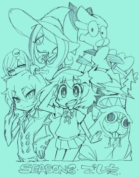  10s company_connection covers_(kill_la_kill) crossover graphite_(medium) guts_(kill_la_kill) highres imaishi_hiroyuki kill_la_kill little_witch_academia luluco machspeed_(character) midori_(uchuu_patrol_luluco) monochrome multiple_crossover multiple_girls school_uniform se-chan sex_&amp;_violence_with_machspeed sex_and_violence_with_machspeed sketch sucy_manbavaran traditional_media trigger_(company) uchuu_patrol_luluco 