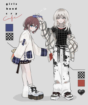  2girls black_shirt brown_hair cardigan closed_mouth clothes_tug commentary copyright_name gift girls_band_cry grey_eyes grey_hair grey_jacket hamchan69 heart highres iseri_nina jacket kawaragi_momoka long_sleeves low_twintails multicolored_hair multiple_girls pants platform_shoes roots_(hair) shirt shoes short_hair short_twintails twintails white_cardigan white_pants 