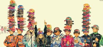  2girls 6+boys absurdres andrea_kimi_antonelli arms_up baseball_cap beyonce black_eyes black_racing_suit blue_eyes blue_racing_suit brown_eyes brown_hair carlos_sainz closed_eyes closed_mouth commentary crossed_arms doriane_pin drawing_(object) english_commentary english_text f1_academy facial_hair ferrari formula_one george_russell grey_jacket hand_in_pocket happy hat hat_over_hat hewlett-packard highres holding holding_drawing holding_paper hood hooded_jacket isack_hadjar jacket lando_norris lewis_hamilton lineup looking_at_another looking_at_viewer male_focus max_verstappen multiple_boys multiple_girls nico_hulkenberg no_sclera one_eye_closed orange_racing_suit oscar_piastri paper petronas racing_suit real_life red_bull red_racing_suit shell_(company) short_hair simple_background small_sweatdrop smile sog_goog speech_bubble stacked_hats sunglasses tag_heuer talking white_racing_suit yellow_background 