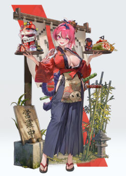  1girl bamboo bird black_hakama breasts commentary_request dfm_(darknessdfm) fang food goddess_of_victory:_nikke hairband hakama highres japanese_clothes katana kimono large_breasts looking_at_viewer mast_(nikke) mast_(romantic_maid)_(tea_service)_(nikke) morgan_(nikke) official_alternate_costume official_art open_mouth parrot pink_eyes pink_hair purple_hairband red_kimono simple_background skin_fang smile solo sword weapon 