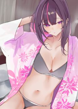  1girl arm_behind_head azki_(hololive) black_hair bra breasts calvin_klein cleavage colored_inner_hair floral_print floral_print_kimono grey_bra grey_panties highres hololive indoors japanese_clothes kimono large_breasts mole mole_under_eye multicolored_hair navel open_clothes open_kimono panties pink_hair pink_kimono pink_streaks print_kimono purple_eyes rifufu sitting solo stomach streaked_hair underwear virtual_youtuber white_streaks 