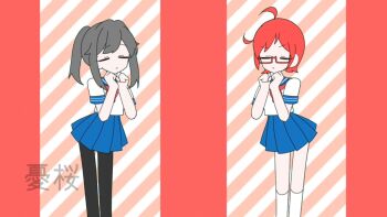  2girls ahoge ayano_aishi black_hair commentary_request glasses info-chan long_hair mesmerizer_(vocaloid) multiple_girls pantyhose parody red_hair school_uniform semi-rimless_eyewear serafuku shirt short_hair short_sleeves skirt smile standing yandere_simulator yuu_sakura_urara 