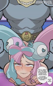  1boy 1girl aqua_hair artist_name biting_own_lip blue_hair blush breasts closed_mouth colored_skin commentary corrupted_twitter_file english_commentary english_text eyelashes gen_1_pokemon grey_skin hair_ornament hetero highres interspecies iono_(pokemon) livestream long_hair machamp medium_breasts multicolored_hair nintendo on_ground pink_eyes pink_hair pokemon pokemon_scarlet_and_violet pokephilia qum_(c00mbrain) sex sex_from_behind sharp_teeth sidelocks speech_bubble streaked_hair tearing_up teeth twintails two-tone_hair very_long_hair 