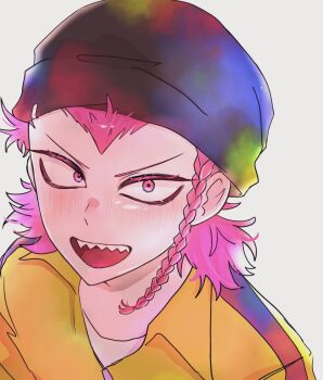  1boy braid collared_shirt commentary_request danganronpa_(series) danganronpa_2:_goodbye_despair grey_background hair_behind_ear highres kudari93 male_focus medium_hair pink_eyes pink_hair portrait sharp_teeth shirt side_braid simple_background soda_kazuichi solo teeth tongue upper_teeth_only white_shirt widow's_peak wing_collar yellow_shirt zipper_pull_tab 