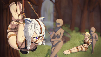  2girls absurdres ball_gag bdsm black_bra blonde_hair bondage bound bound_arms bound_legs bra commentary crotch_rope dayudraws english_commentary gag gagged grey_hair highres hogtie long_hair multiple_girls original purple_eyes restrained shibari shibari_over_clothes skindentation suspension tree underwear 