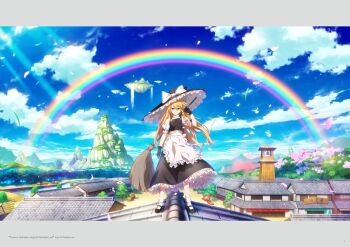  1girl animal apron architecture artist_request bell bird black_gloves black_shoes black_skirt black_vest blonde_hair blue_sky boat bow braid bridge broom building cherry_blossoms closed_mouth cloud day east_asian_architecture floating_island full_body gensokyo gloves hair_between_eyes hair_bow hakurei_shrine hat hat_bow highres holding holding_broom human_village_(touhou) kirisame_marisa long_hair looking_at_viewer mary_janes official_art on_roof outdoors puffy_short_sleeves puffy_sleeves purple_bow rainbow river shirt shoes short_sleeves side_braid single_braid skirt sky smile socks solo standing sunlight third-party_source tile_roof torii touhou touhou_danmaku_kagura tower tree very_long_hair vest waist_apron water watercraft waterfall white_apron white_bird white_bow white_shirt white_socks wooden_bridge yellow_eyes 