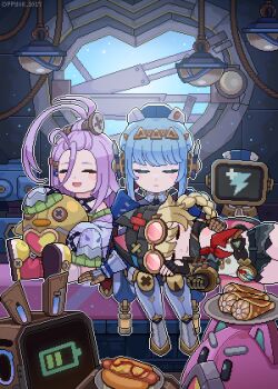  3girls aino_(genshin_impact) android antenna_hair bandana_around_arm battery_indicator birgitta_(genshin_impact) black_shorts blonde_hair blue_hair blush_stickers braid braided_hair_rings cape chibi chibi_only closed_eyes closed_mouth commentary compass detached_sleeves english_commentary food genshin_impact goggles goggles_on_head hair_rings hand_on_another's_shoulder hat highres hot_dog hot_dog_bun humanoid_robot indoors ineffa_(genshin_impact) jacket jahoda_(genshin_impact) joints ketchup leotard light_smile long_hair long_sleeves lying mechanical_arms mechanical_legs metal_skin multiple_girls mustard non-humanoid_robot on_side pink-tinted_eyewear pixel_art ppyok_1017 prosthesis prosthetic_arm purple_hair robot robot_ears robot_girl robot_joints sausage shoes short_shorts shorts single_mechanical_arm sitting sleeping sleeping_upright sleeves_past_fingers sleeves_past_wrists smile tinted_eyewear tray window 