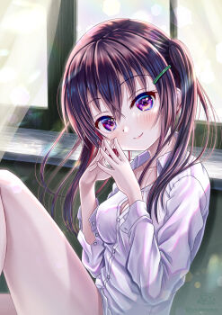  1girl borrowed_clothes gochuumon_wa_usagi_desu_ka? highres naked_shirt no_panties oversized_clothes oversized_shirt purple_eyes purple_hair rouge_(my_rouge) shirt tedeza_rize twintails white_shirt 