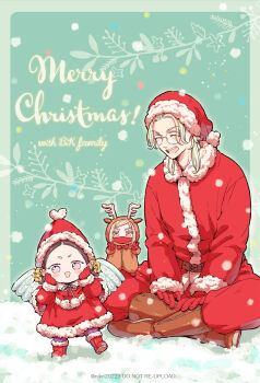  1girl 2boys animal_costume antlers blonde_hair blush boots brothers brown_hair capelet commentary dress earrings english_commentary fake_antlers fur-trimmed_boots fur-trimmed_capelet fur-trimmed_dress fur-trimmed_headwear fur_trim genderswap genderswap_(mtf) gloves haitani_ran haitani_rindou hat highres horns jewelry long_hair long_sleeves male_focus mask medium_hair merry_christmas mini_person miniboy mouth_mask multicolored_hair multiple_boys niko20223 open_mouth purple_eyes red_capelet red_dress red_gloves red_hat red_mask reindeer_antlers reindeer_costume round_eyewear santa_costume santa_dress santa_hat sanzu_haruchiyo siblings single_earring smile tokyo_revengers two-tone_hair v wolf_cut 