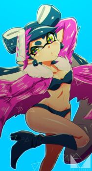  +_+ 1girl :o arm_behind_head bikini black_bikini black_boots black_hair blue_boots boots breasts callie_(splatoon) chichi_band coat commentary_request earrings female_focus food food_on_head head_tilt high_heel_boots high_heels jewelry leg_up long_hair long_sleeves looking_at_viewer medium_breasts mole mole_under_eye nintendo object_on_head open_clothes open_coat parted_lips purple_coat solo splatoon_(series) splatoon_2 standing standing_on_one_leg sushi swimsuit triangular_headpiece watermark yellow_eyes  rating:Sensitive score:7 user:danbooru