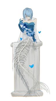  1girl absurdres blue_gloves blue_hair blue_shirt bug butterfly cape chinese_commentary closed_eyes commentary_request fish_skeleton full_body gloves haimian_zhuang_wushui highres insect magical_girl mahou_shoujo_madoka_magica mahou_shoujo_madoka_magica_(anime) mermaid miki_sayaka miki_sayaka_(magical_girl) monster_girl shirt short_hair simple_background skeleton solo strapless strapless_shirt white_background white_cape 