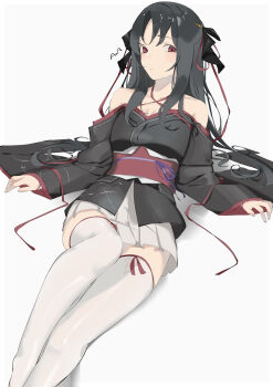  absurdres black_hair black_kimono hair_ribbon highres japanese_clothes kimono kimono_skirt long_hair machine-doll_wa_kizutsukanai obi red_eyes ribbon sash short_kimono short_yukata sutekina_awa thighhighs white_thighhighs yaya_(machine-doll) yukata 