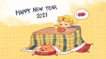  1boy 2021 adventurer_(dungreed) artist_request blonde_hair blue_jacket blue_sky boned_meat bowl brown_dog brown_fur closed_eyes closed_mouth commentary cross cross_print cup cushion dog doggo_(dungreed) dot_nose dungreed english_commentary food grid_background grid_print hanten_(clothes) happy_new_year head_on_table headband jacket japanese_clothes kotatsu male_focus mandarin_collar meat mug new_year nose_bubble official_art on_pillow pillow print_jacket second-party_source simple_background sky sleeping speech_bubble table thought_bubble warm_colored yellow_headband zabuton zaisu 